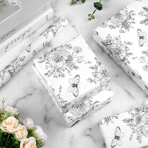  1Roll White Floral Wrapping Paper Retro Flowers Butterfly Printed Gift Black - Image 3 of 4