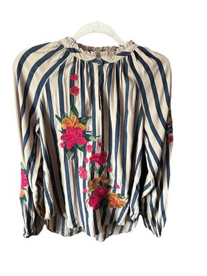 Anthropologie Akemi+ Kin Manuela Floral Embroidered Striped Top Size XS S Boho