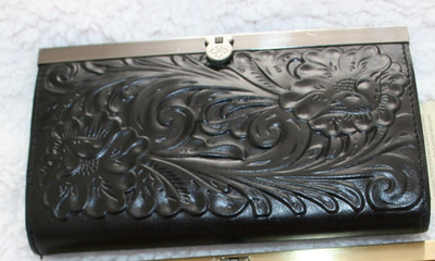 Patricia Nash Cauchy Tooled Leather Clutch Framed Wallet RFID BLACK  Floral NWT