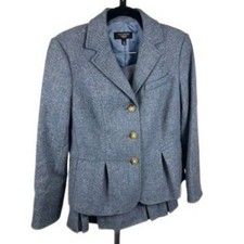 Vintage Classic Talbots Blue Grey 100 Wool Blazer Skirt Suit Set Size 8P Petite