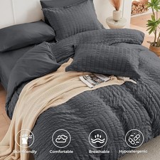 Queen Comforter Set Seersucker 7 Pieces with Sheets Pillowcases Shams Dark Grey