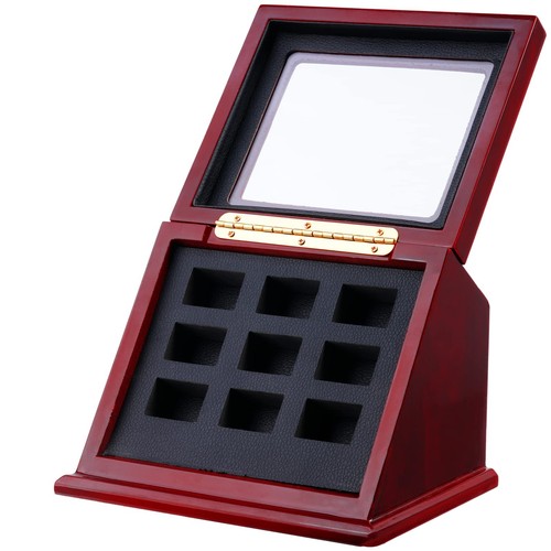 Championship Ring Wooden Display Case, 9-Slot Jewelry Storage Case Holder wit...