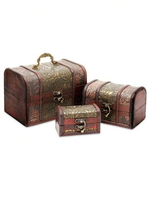 3pcs Vintage Wooden Treasure Chest, Jewelry Box, Decorative Retro Style Jewelry