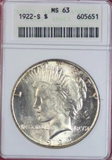 1922-S PEACE DOLLAR ANACS MS63 *OLD SOAPBOX SLAB*