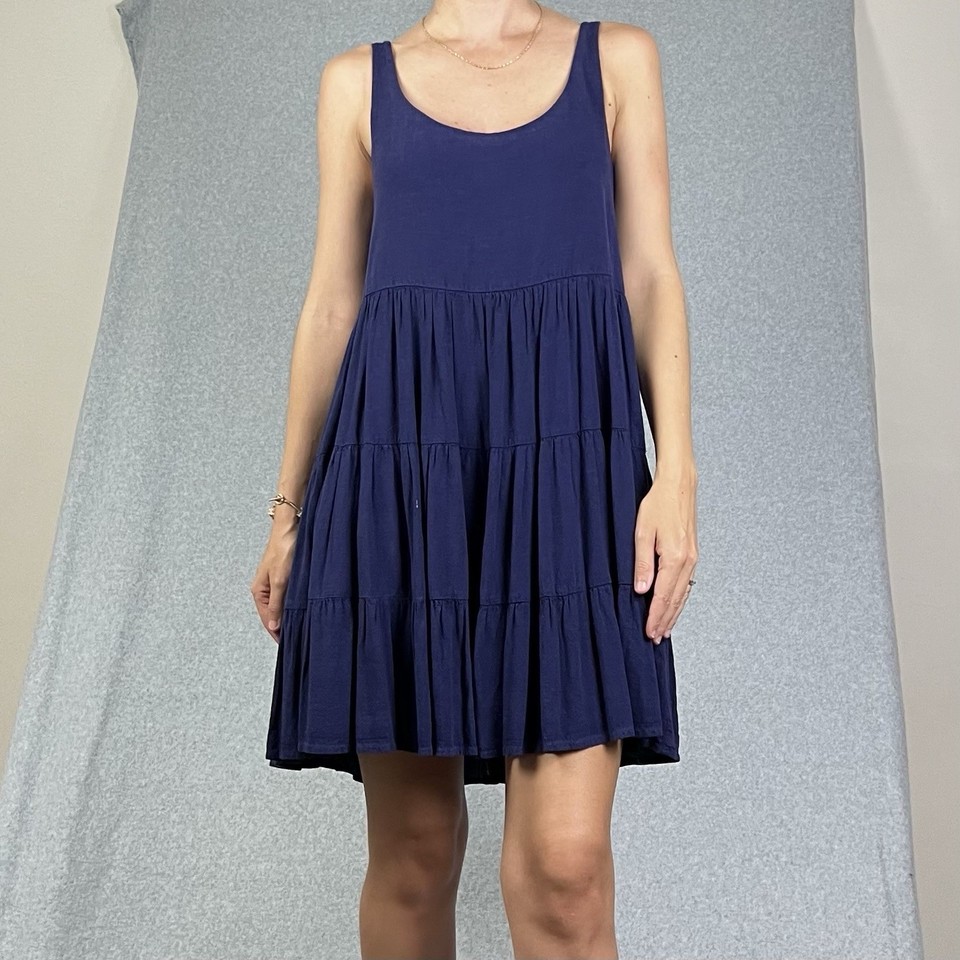 Mister Zimi Mini Dress Womens 8 Navy Blue Tiered Babydoll Sleeveless Boho Summer