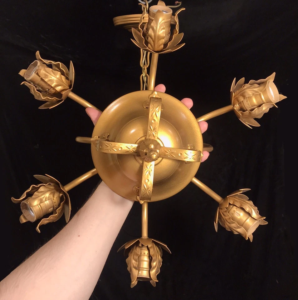 Antique Vtg 6 Light Flower Basket Fixture Tole Hollywood Regency French Italian - Image 4 of 4