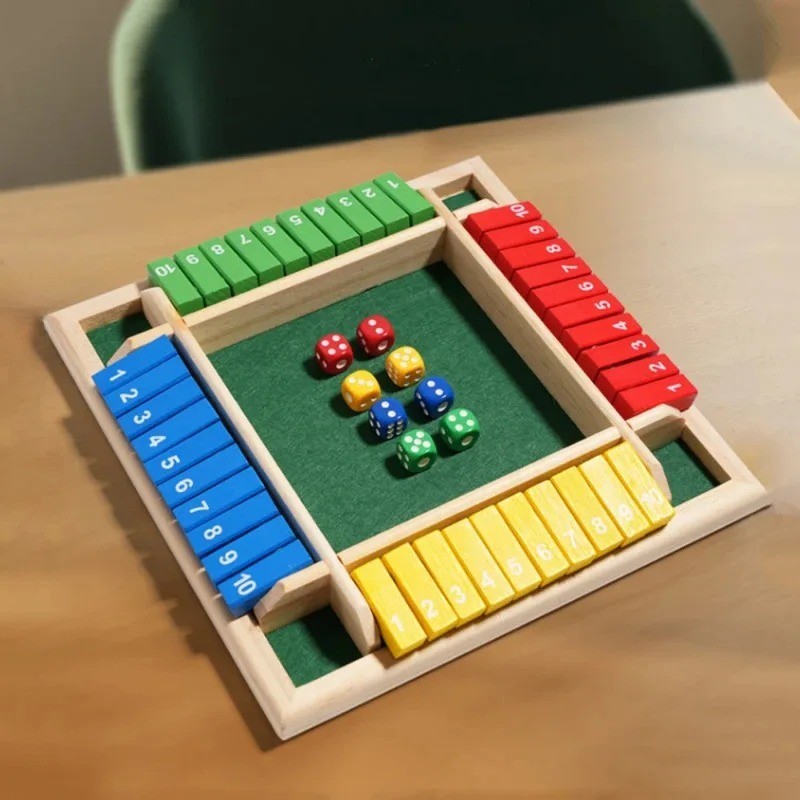 Wooden Dice Board Game Shut The Box for 4 Players Flaps & Dices Game Parent-chi