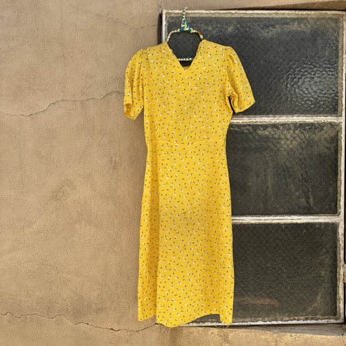 Vintage 1930s Yellow Cold Rayon Geometric Art Deco Print Dress Midi - Picture 13 of 20