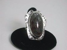 Sterling Silver Ring with Moss Agate Cabochon Artisan Handmade Metalwork Jewelry