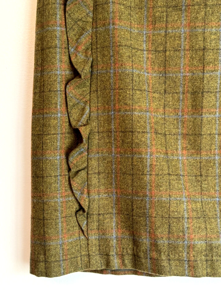 J. Mclaughlin 羊毛格子裙,尺寸 12,橄榄绿色荷叶边 L Academia 秋季学院风 — 第 3/4 张图片