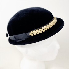 Vintage I. Magnin Co Ranleigh Black Velvet Hat Faux Pearl Band