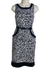 London Times Size 4 Womens Black Print Sheath Dress White Pocket Sleeveless