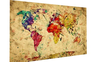 Vintage painting art deco MAP OF WORLD poster canvas framed color