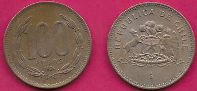 CHILE 100 PESOS 1994 NARROW DATE,EDGE LETTERING POR LA RAZON O LA FUERZA,DENOMIN
