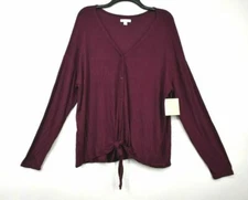 14th & Union Womens Purple V-Neck Button Long Sleeve Ribbed Tie Front Shirt