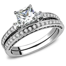  PRINCESS CUT & ROUND CZ STAINLESS STEEL WOMEN'S WEDDING ENGAGEMENT RING SET