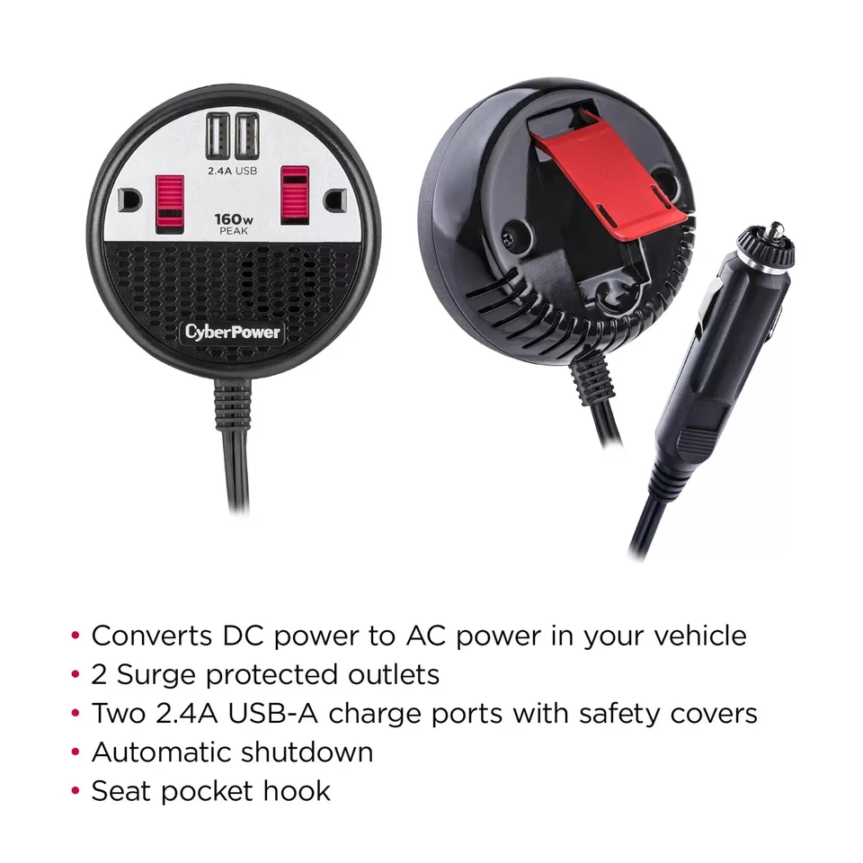 (NEW) CyberPower CPS160PPB2U 160 Power Inverter With 2 AC Outlets, Black/Red - Image 2 of 4