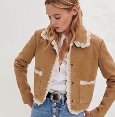 Maje Bicoti Crochet Trim Suede Jacket FR38/M | eBay