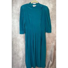 Vintage 80s Maggy London 100% SILK Midi Pleated Dress w Belt Size 14 Teal