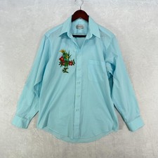 Vintage Marquis Dress Shirt Mens 15.5 33-34 Blue Parrot Bird Embroidered Floral