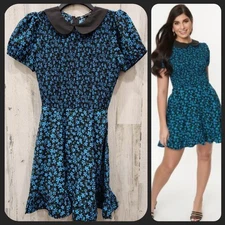 SMAK PARLOUR Black & Blue Floral Print Smocked Fit & Flare Dress Size MEDIUM*NWT