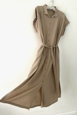 Fat Face Shirt Dress Women Beige Linen Mix Midi Pockets Belt Short Sleeve UK 18