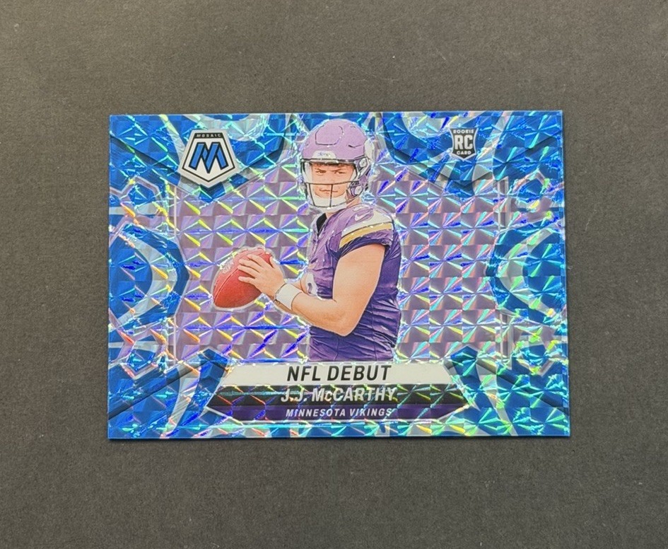 2024 Panini Mosaic #275 J.J. McCarthy NFL Debut Blue Reactive Mosaic Prizm RC