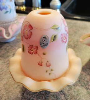 Vintage Fenton Burmese Glass Hand Painted Fairy Lamp / Candle Holder