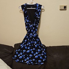Chaps Black Blue Floral V-Neck Sleeveless Fit & Flare Knee Length Dress M Ruffle