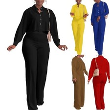 Women's 2Pcs Long Sleeve Tracksuit Button Down Crop Top Wide Leg Long Pant Sets