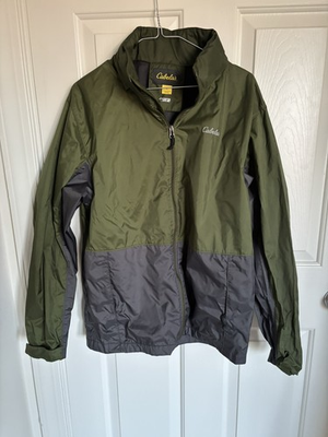 #ad Cabela’s Outfitter Series Men’s M Green Black Hooded Mesh Lined Windbreaker Logo $15.99