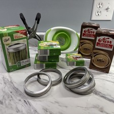 Large Collection Of Vintage And New Canning Supplies Lids, Bands, Funnel, Tongs