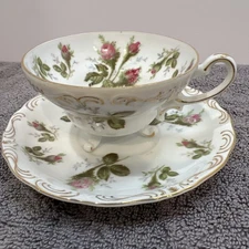 Vintage EW Princess China Rose Floral Gold Trim Three-Footed Tea Cup And Saucer