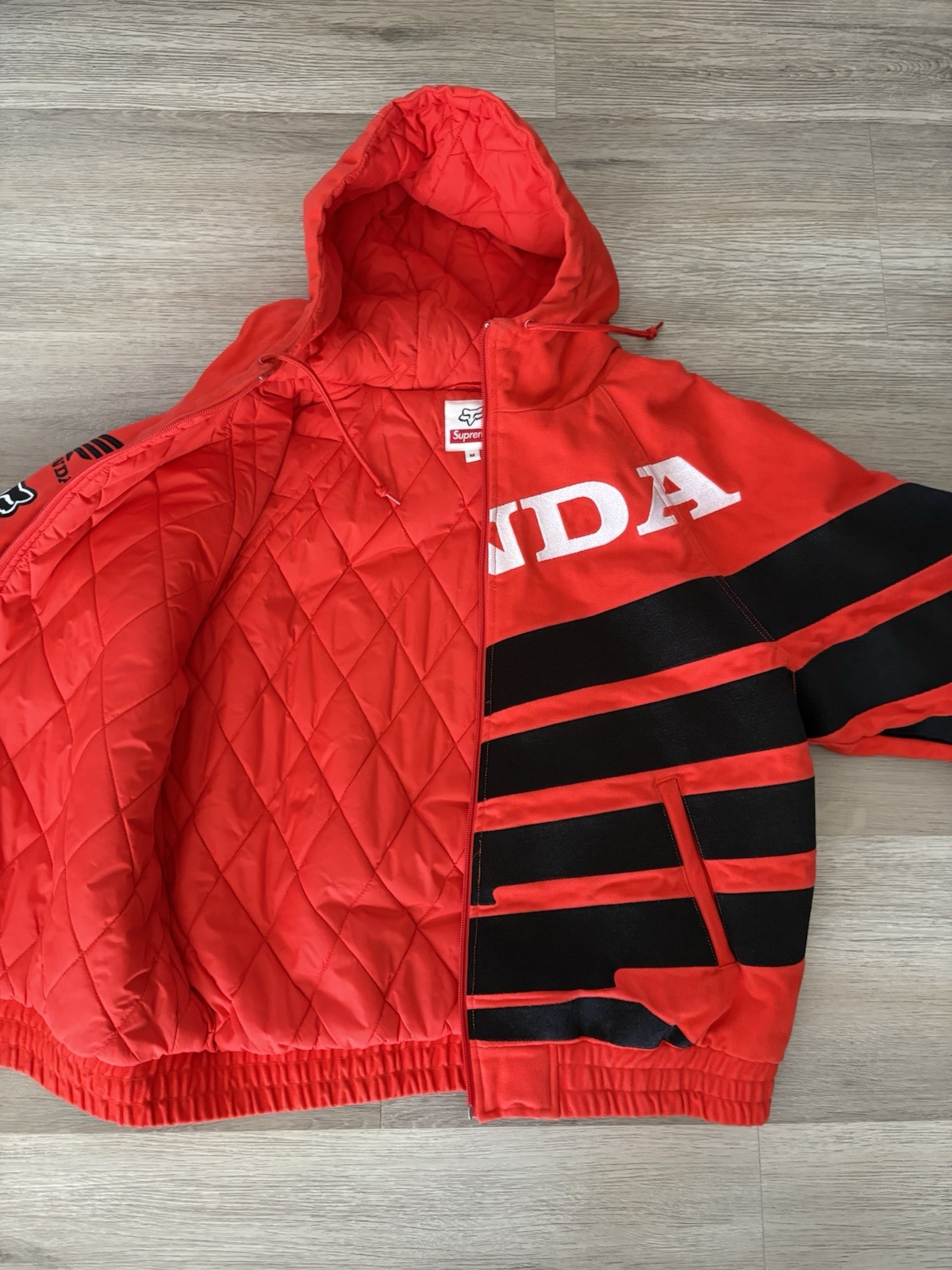 Supreme Honda Fox Racing Puffy Zip Up Hooded Jacket FW19 Size Medium Red image 3