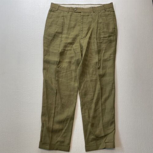 Vtg Robert Amerigo 36x30 Tan Green 100% Linen Tapered Pleated Mens Dress Pants