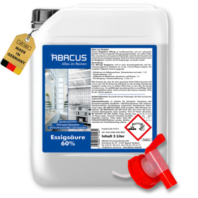 ABACUS  5L Essigsäure 60% Hochkonzentrierte Essigsäure für Haushalt, Garten etc.