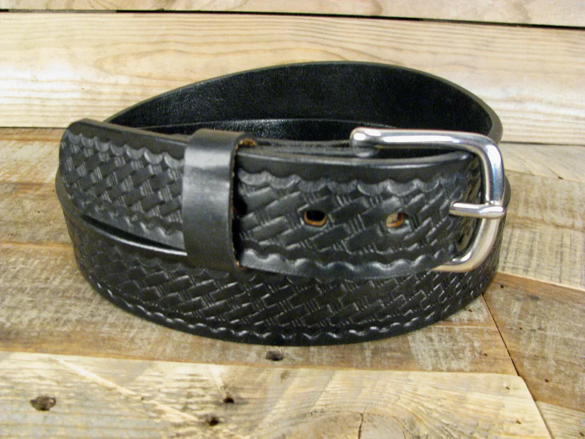 Mens Thick Black Embossed Basket Weave Leather Belt 1.5