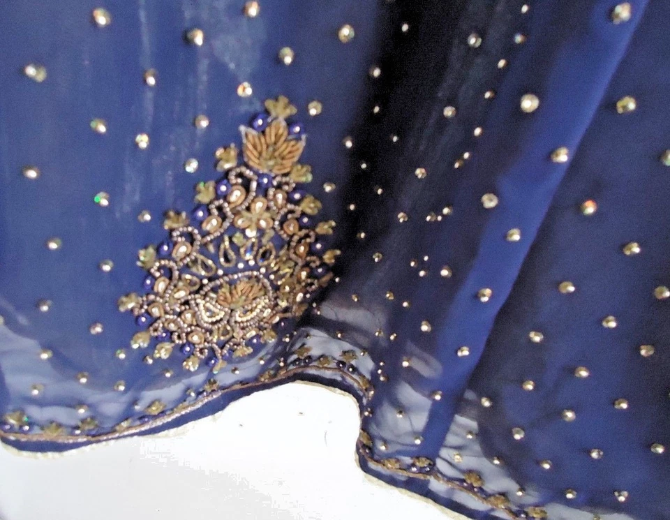 Wedding Party Indian Pakistani 3 P Set Skirt Blouse Scarf Beaded Blue Gold Small - Image 3 of 4