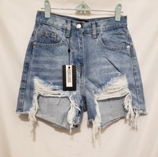 REBELLIOUS Aarya Denim Shorts Sz 2 Blue Extreme Rip Front Distressed Hi Rise