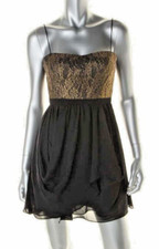 AQUA ~ Black Draped Chiffon Sweetheart Gold Lace Party Dress 0 NEW $188