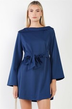 Navy Straight Neck Solid Front-Tie Long Sleeve Mini Dress /2S-2M-2L