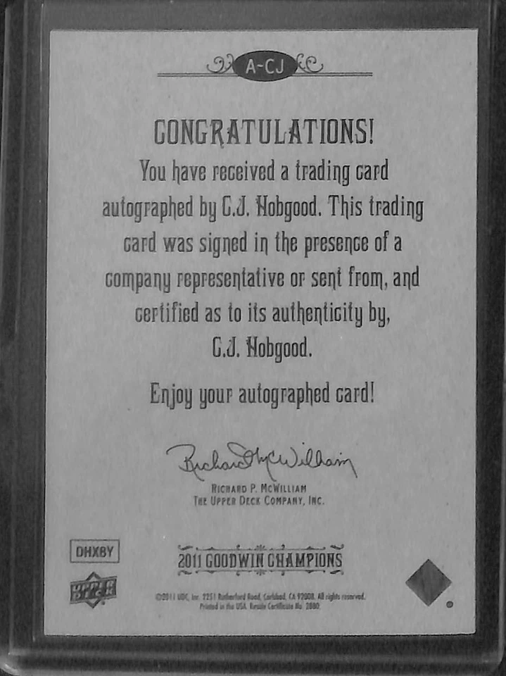 2011 Upper Deck Goodwin Champions Autograph #A-CJ CJ Hobgood - Image 2 of 2