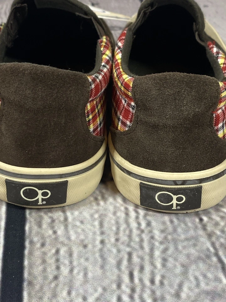 Ocean Pacific OP Boys 4 Womens 6 Tan/Plaid Canvas Deck Shoes Boat Shoes Slip On - Image 3 of 4