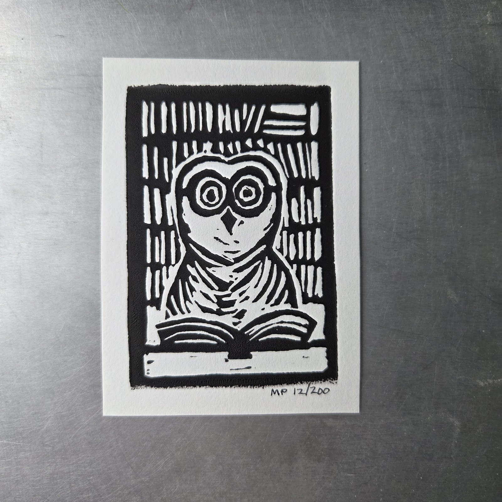 Original Linocut ACEO Library Owl Book Lover Printmaking 