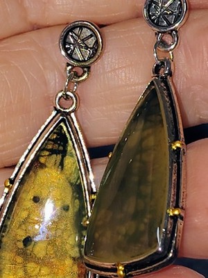 Artisan Boho Earrings Resin Agate Look Mixed Metal Gold Silver Tone Dangle Drop