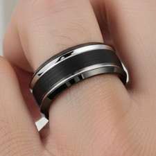 Men s 8mm Tungsten Carbide Wedding Band Black IP Edge Brushed Silver Finish