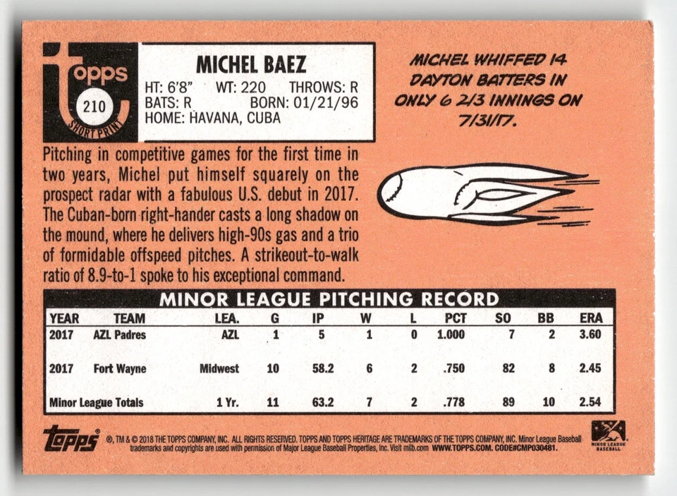 2018 Topps Heritage Minor League Michel Baez #210 Lake Elsinore Storm - Image 2 of 2