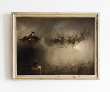 Vintage Christmas Sleigh Reindeer Poster, Santa Claus Wall Art Decor