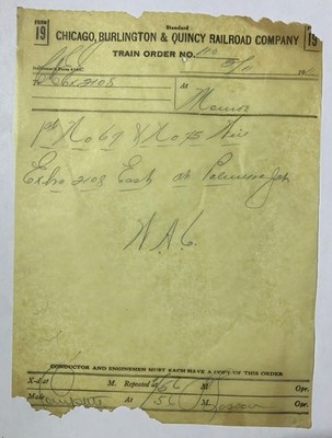 1916 C. B. & Q Railroad Railway Company - Train Order - Palmyra, MO