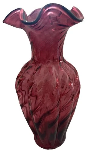 Fenton Cranberry Spiral 11" Ruffled, Ribbed, Swirl, Optic 11" Vase Red Pink MINT